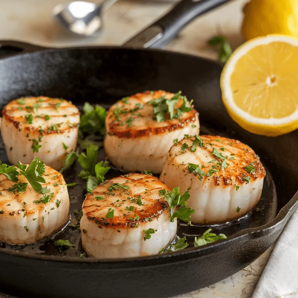 Lemon Garlic Butter Scallops in a Cast-Iron Skillet