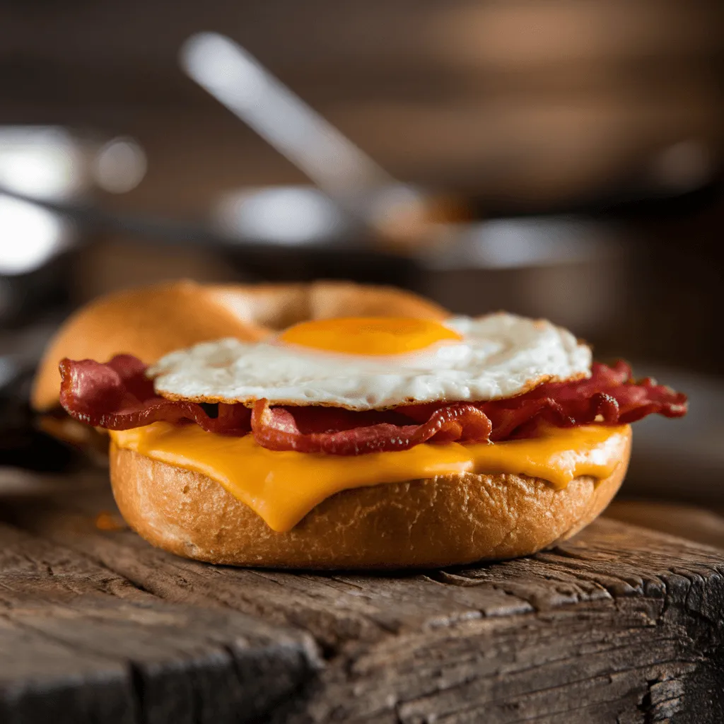 Bacon and eggs bagel on wooden plate