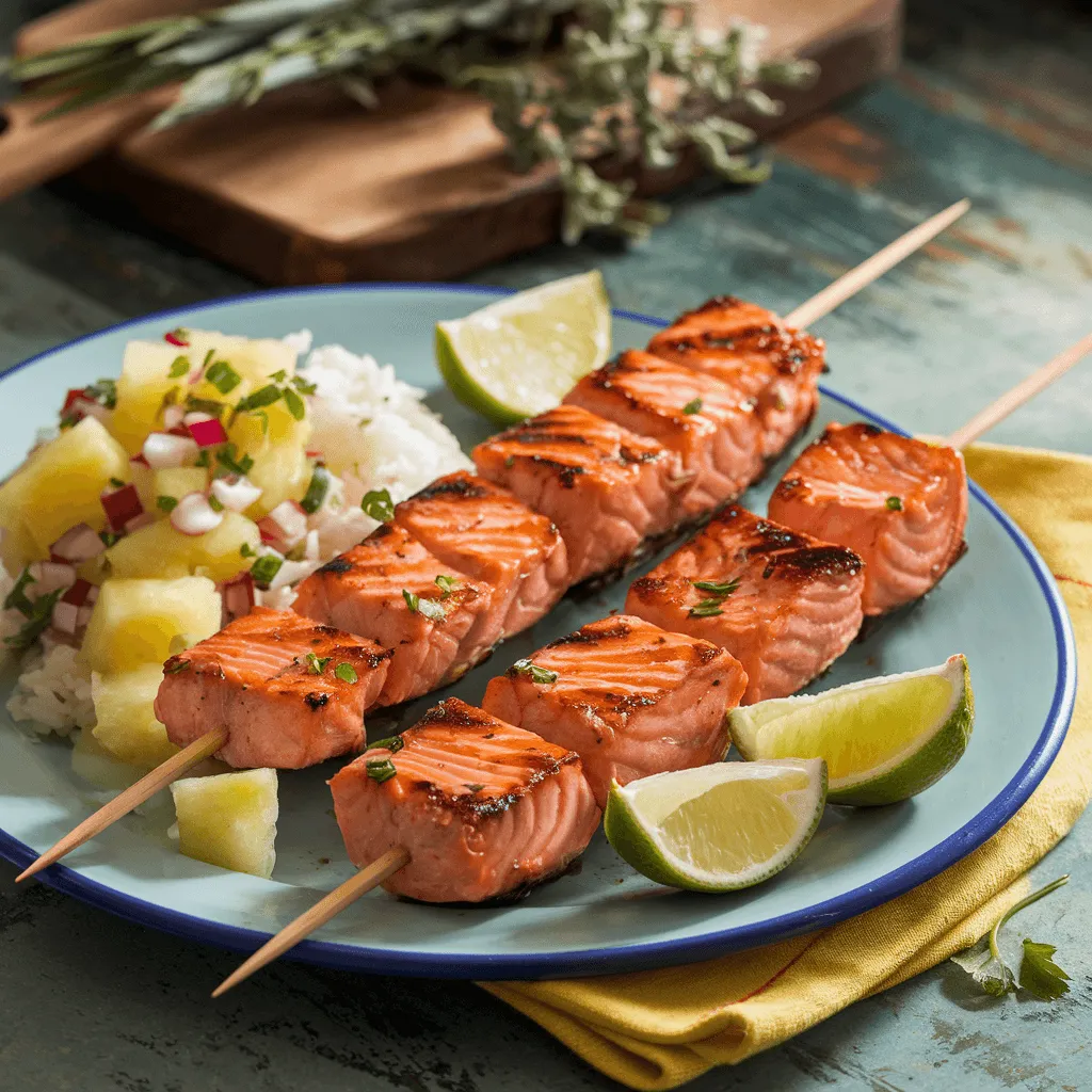 Plated salmon skewers with sides