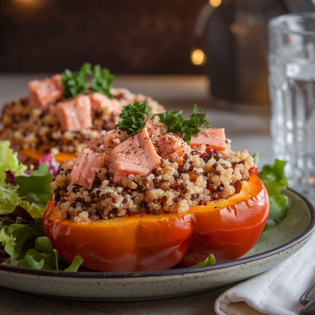 Plated Salmon and Quinoa Stuffed Bell Peppers