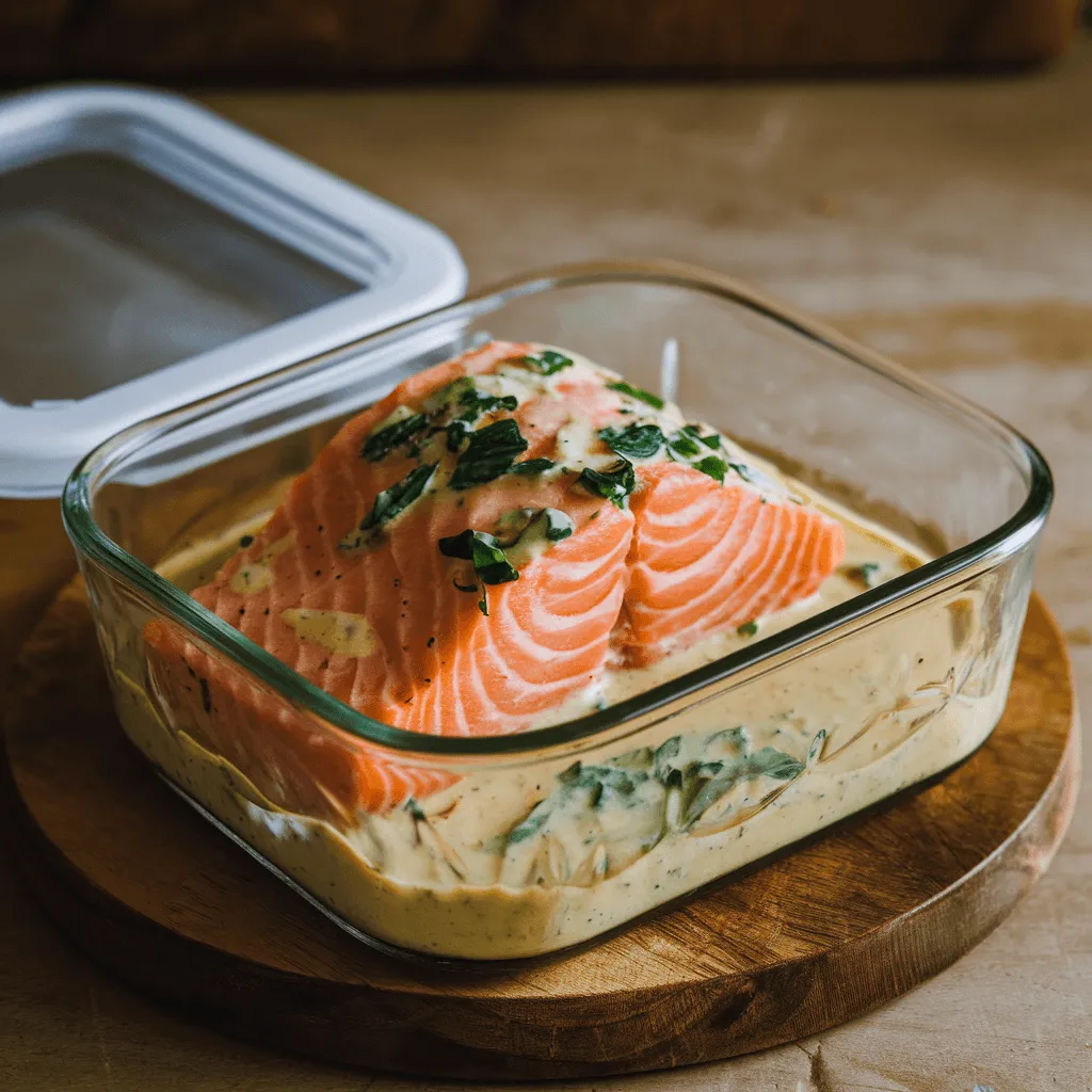 Leftover Coconut Curry Salmon stored in an airtight container