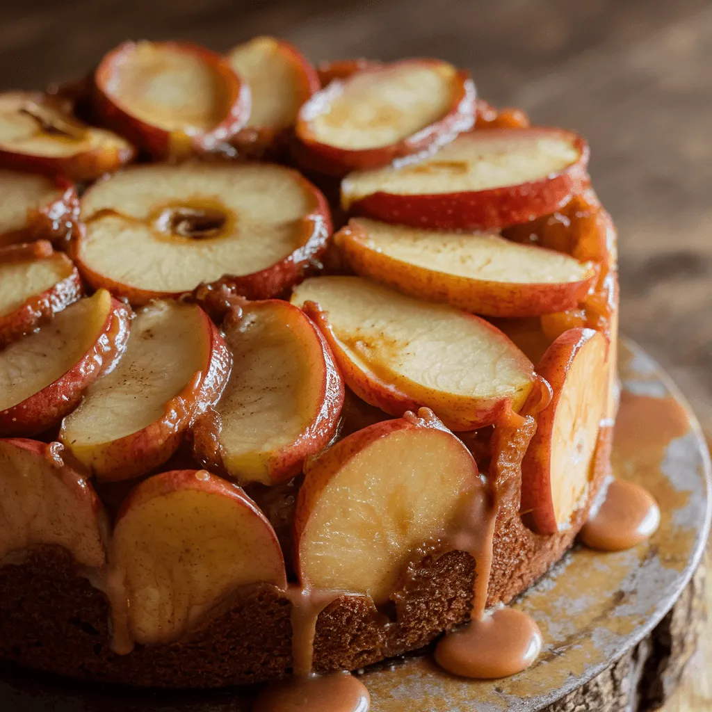 Close-up of caramelized apple topping on an upside-down cake