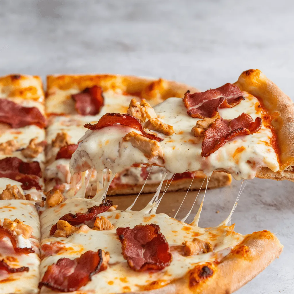 "Sliced Chicken Bacon Ranch Pizza with Cheese Pull"