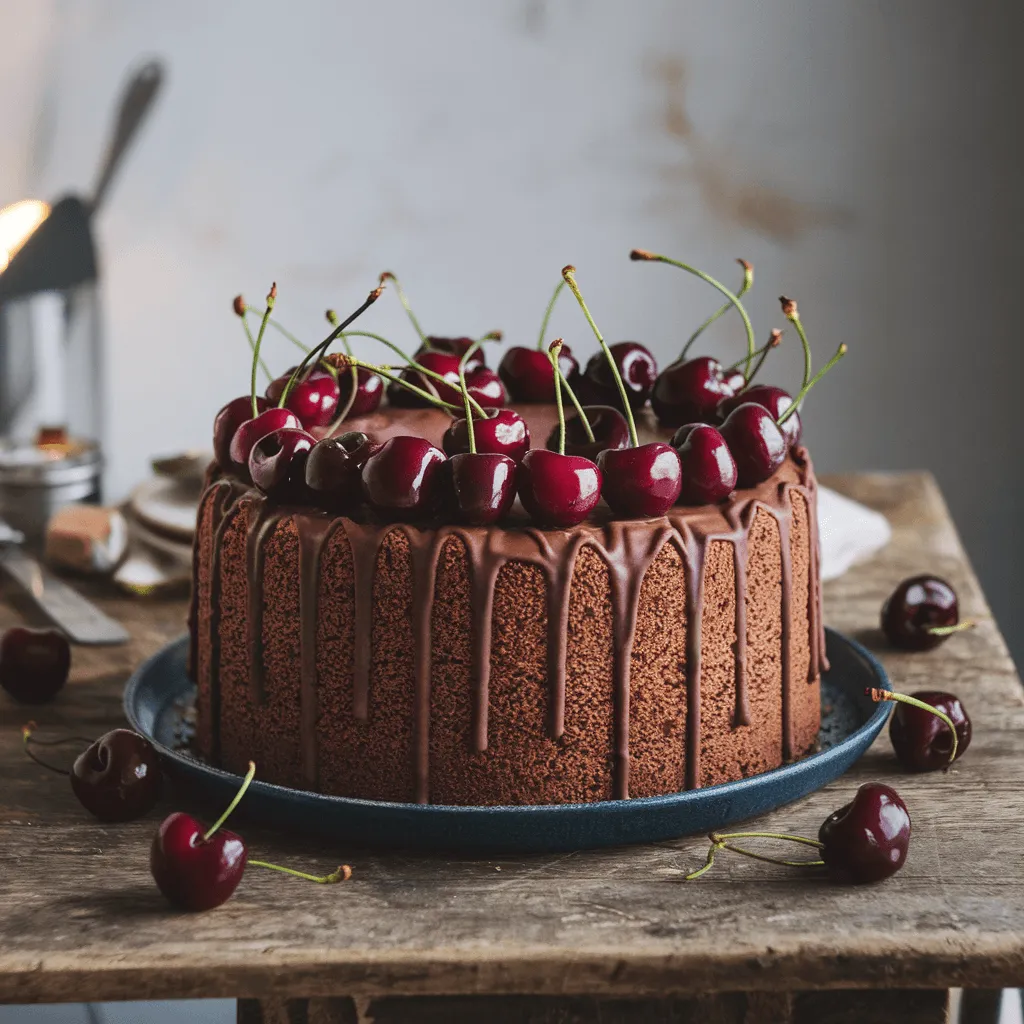 Chocolate cherry cake on rustic table