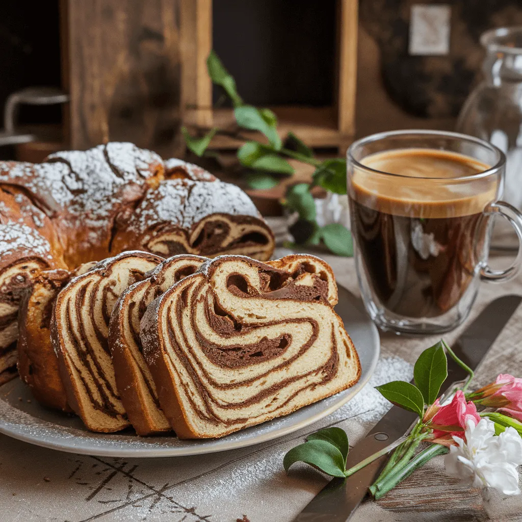 Babka slices served with coffee and a dusting of powdered sugar