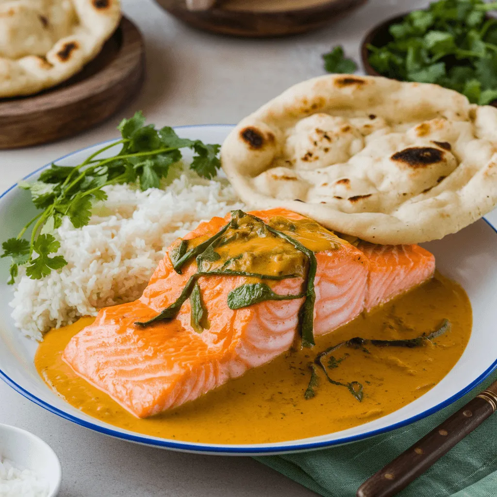 "Coconut Curry Salmon served with jasmine rice and naan"