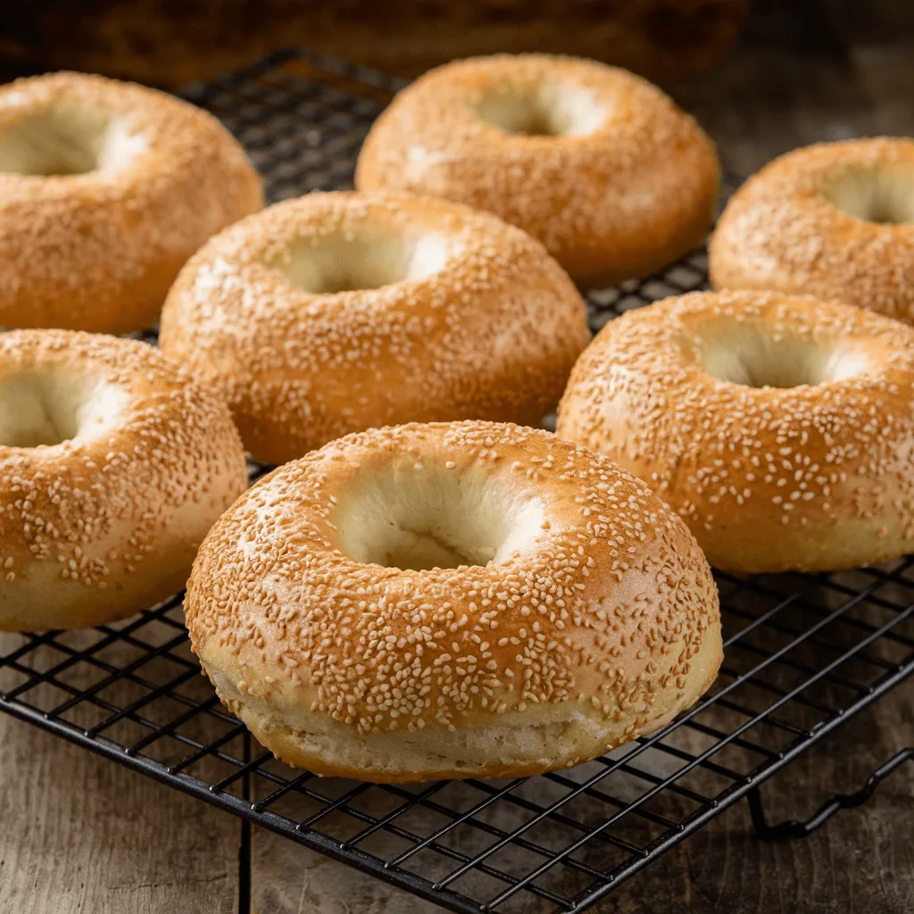 Homemade sesame seed bagels fresh out of the oven