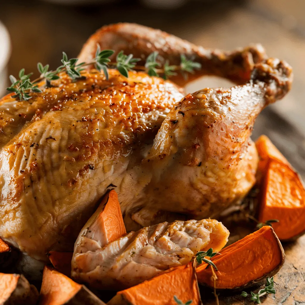 Roast chicken with crispy skin and sweet potatoes