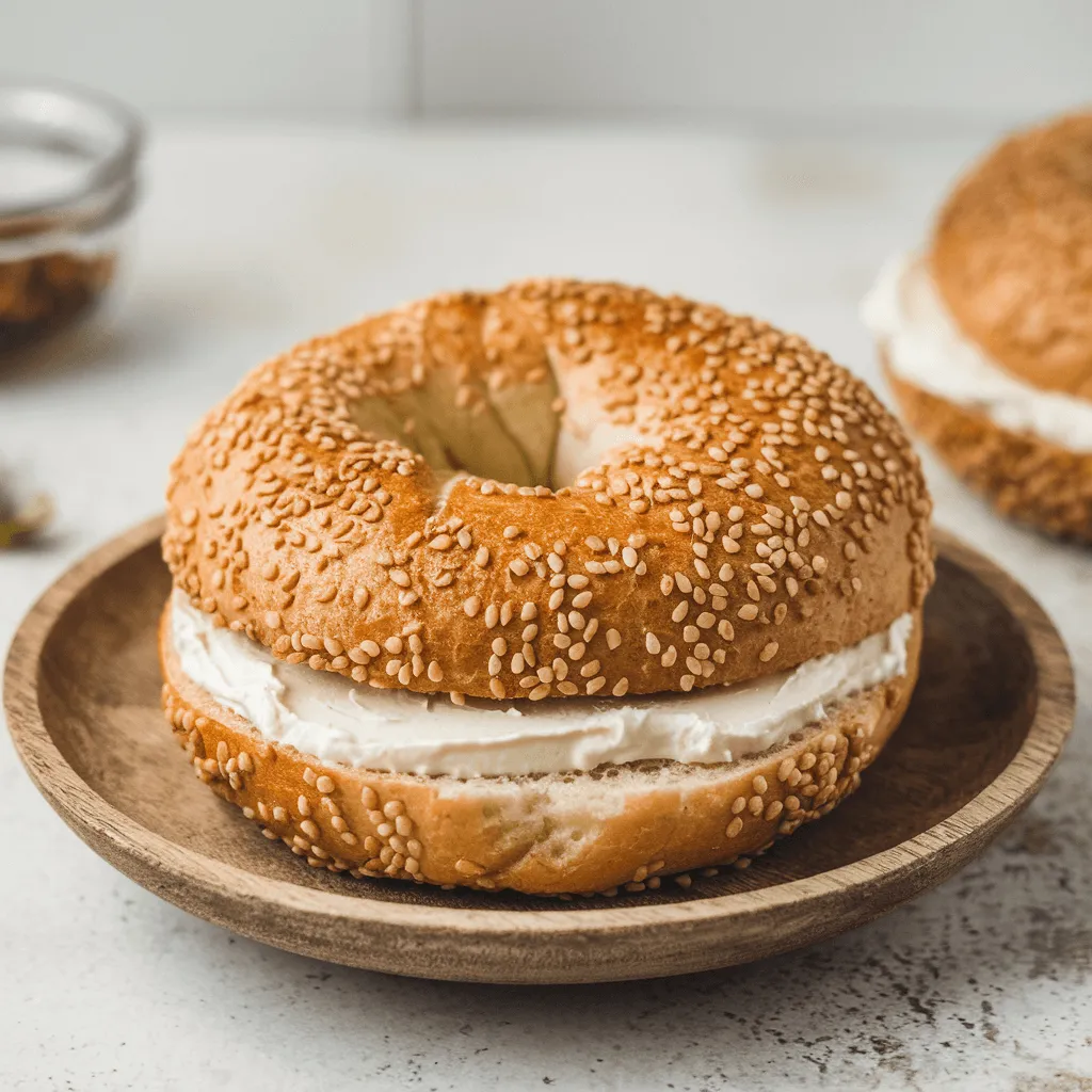 Freshly toasted sesame seed bagel with cream cheese