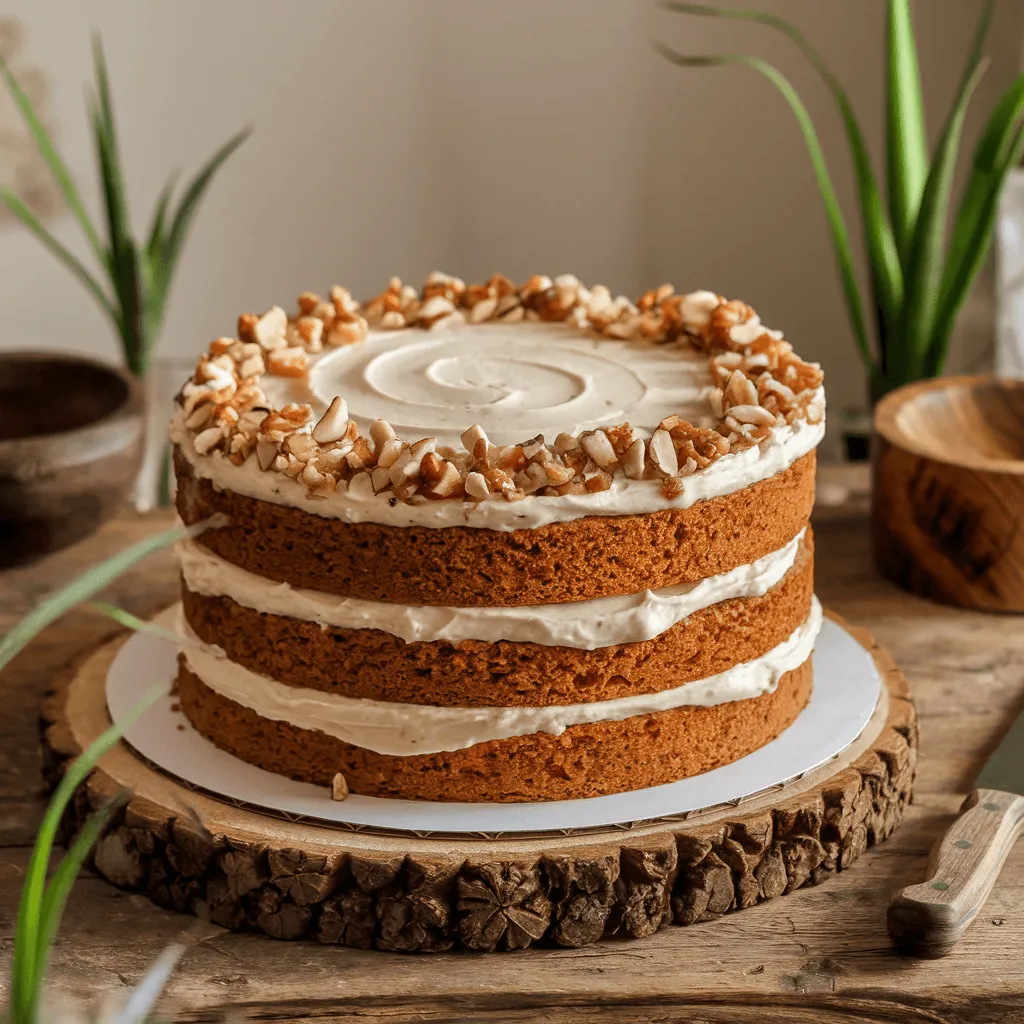 "Gluten free carrot cake decorated with frosting and nuts"