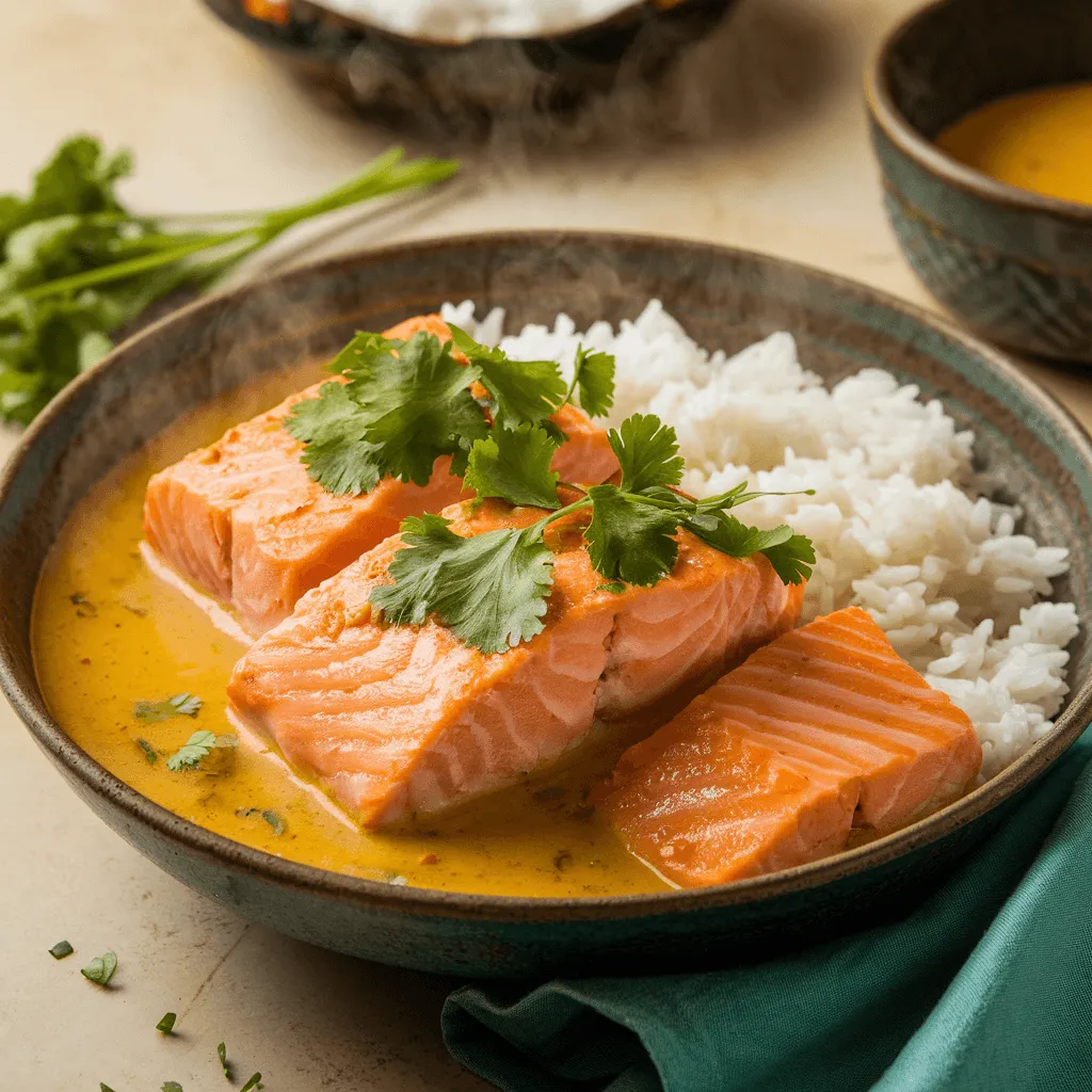 Creamy Coconut Curry Salmon served in a bowl