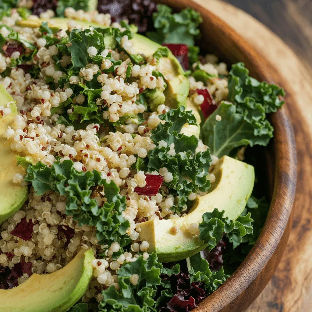 "Kale quinoa and avocado salad close-up"