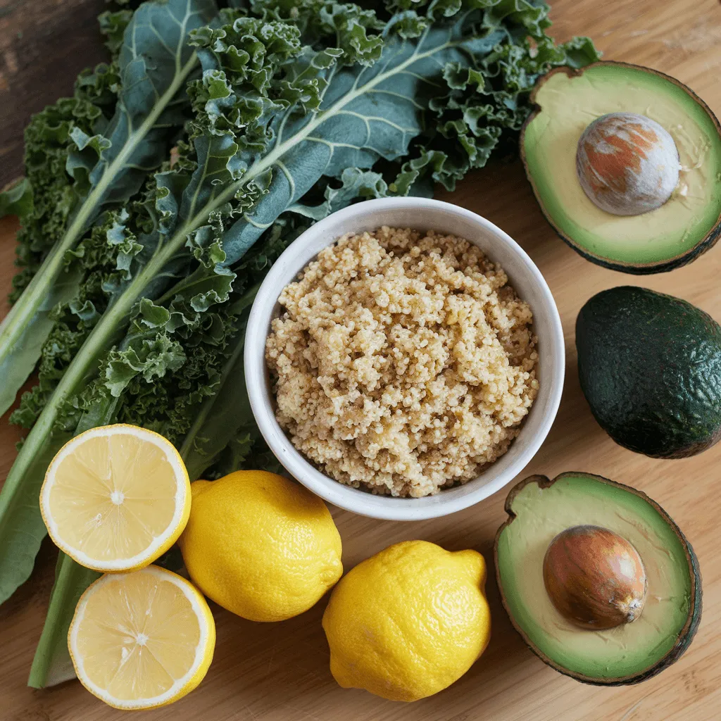 "Ingredients for kale quinoa and avocado salad"