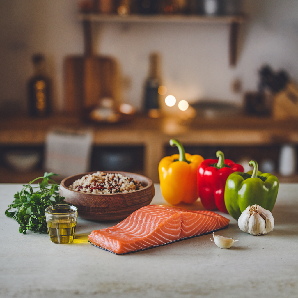 Ingredients for Salmon and Quinoa Stuffed Bell Peppers