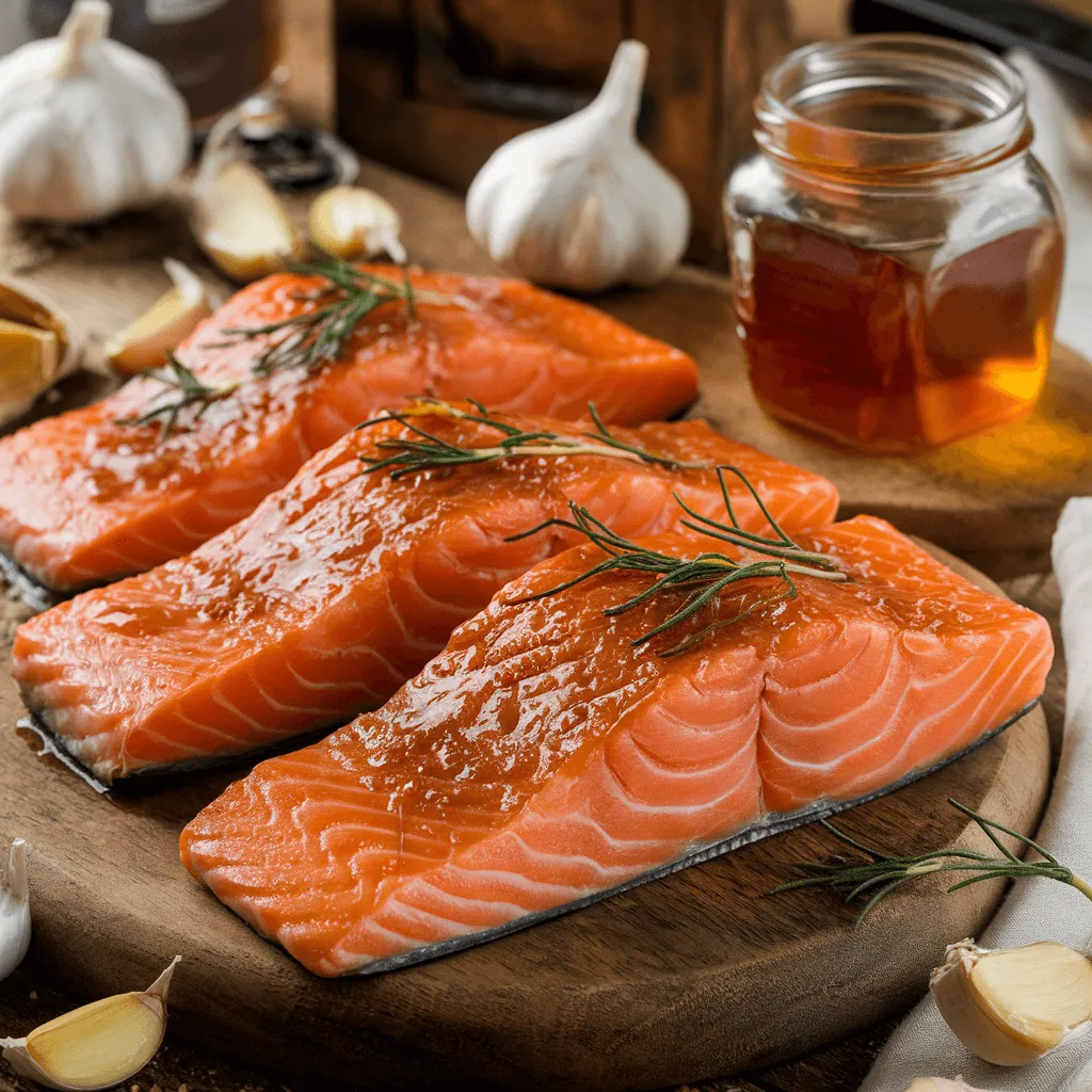 Salmon fillets with honey and garlic glaze