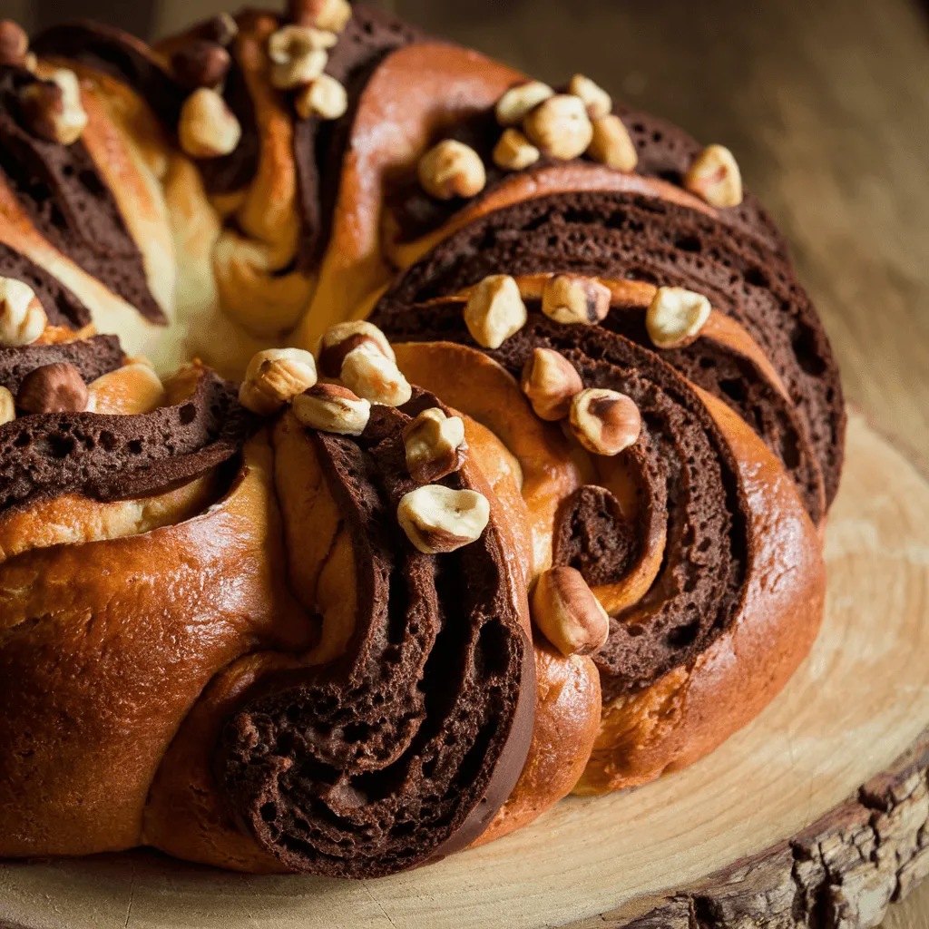 Freshly baked Chocolate-Hazelnut Babka with swirls of chocolate and hazelnuts