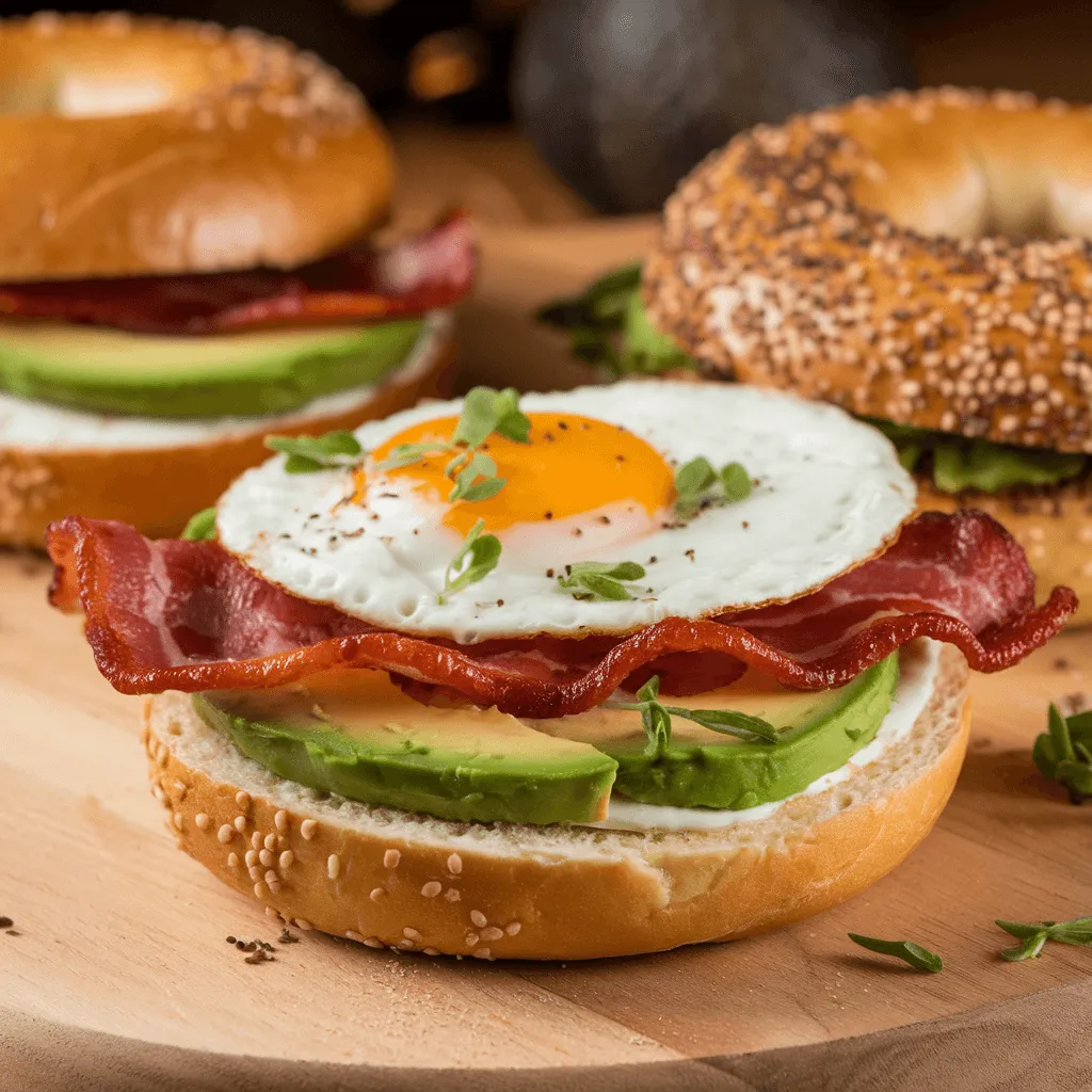 Gourmet bacon and eggs bagel with avocado