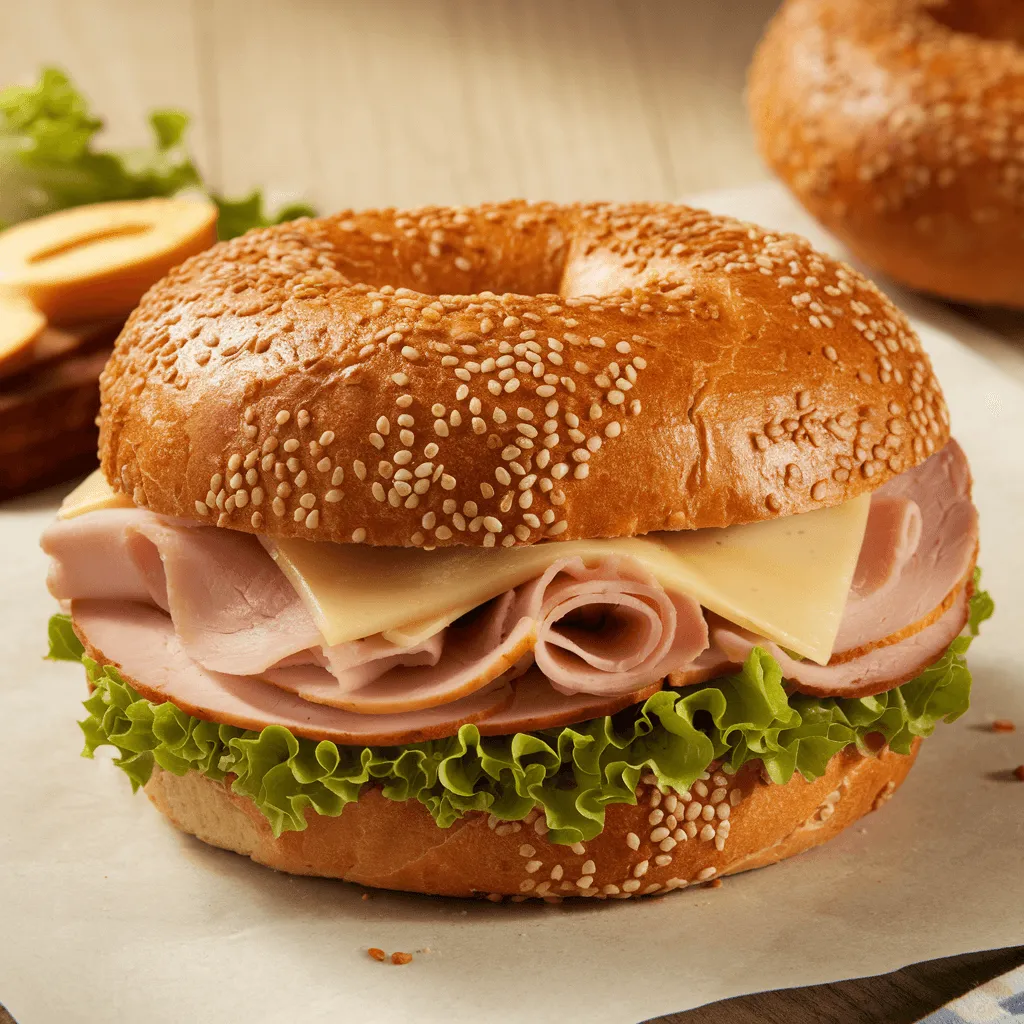 A turkey and Swiss sandwich on a sesame seed bagel