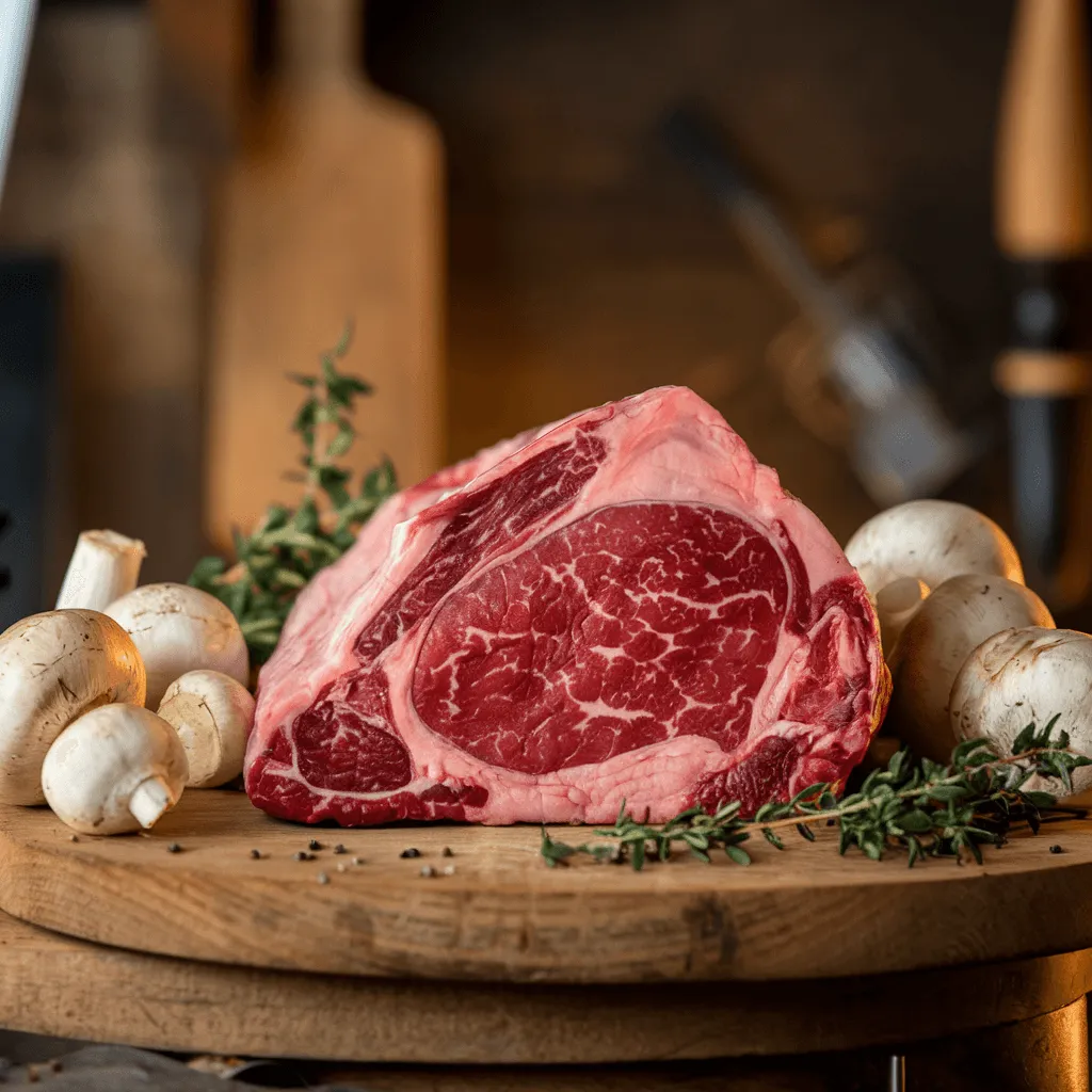 Fresh raw steak and mushrooms on a wooden board