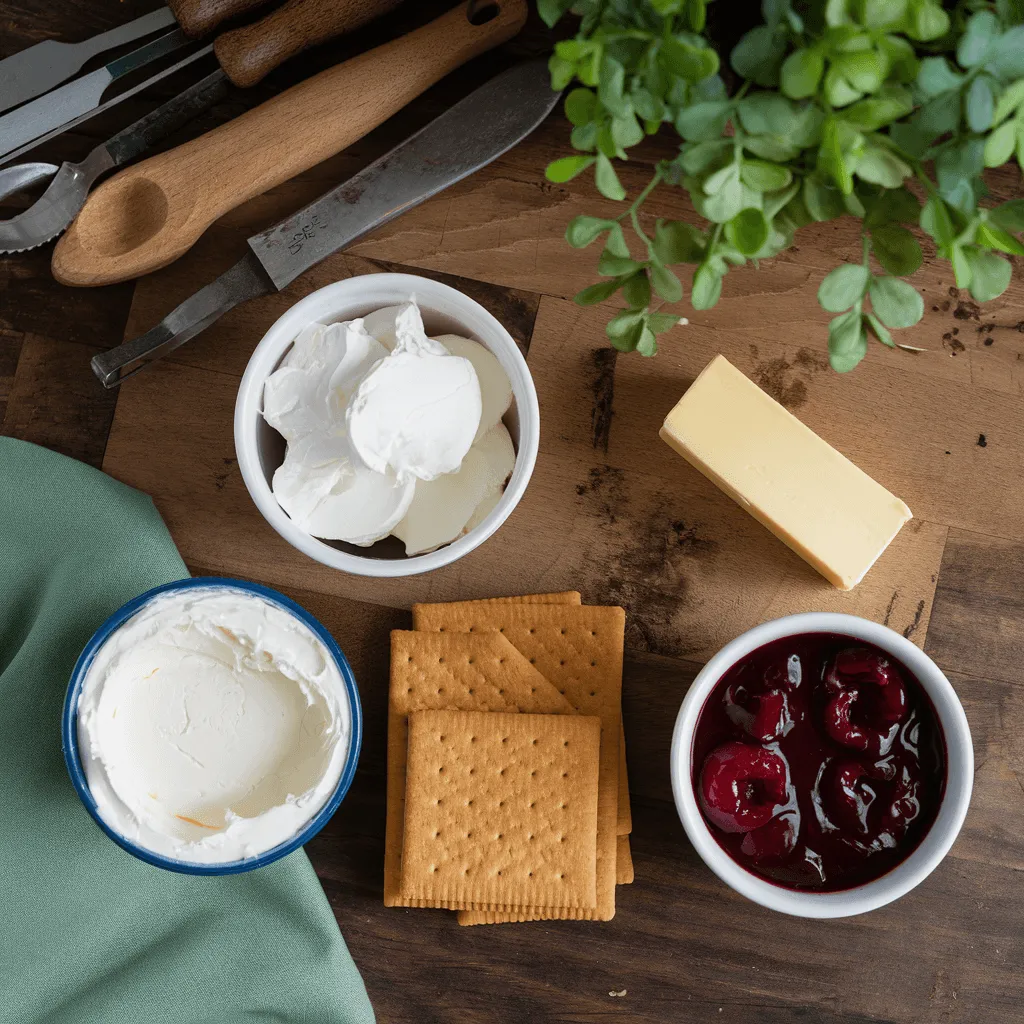 "Ingredients for no bake cherry cheesecake"