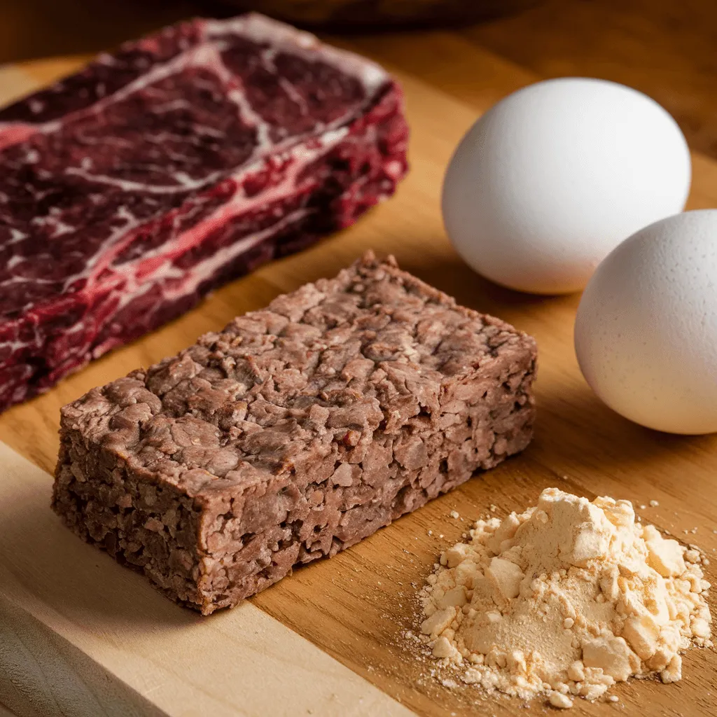 Different types of carnivore protein bars with beef, eggs, and collagen