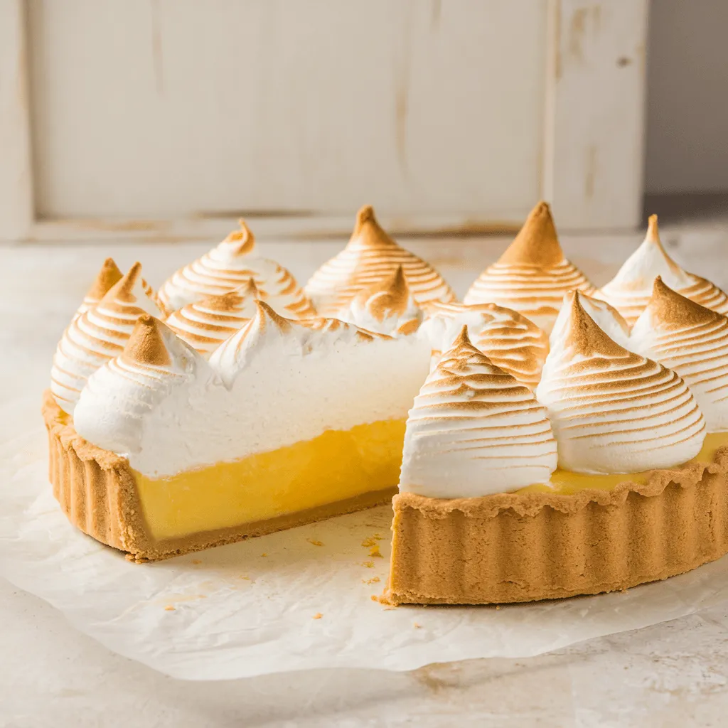 Lemon meringue pie with golden peaks