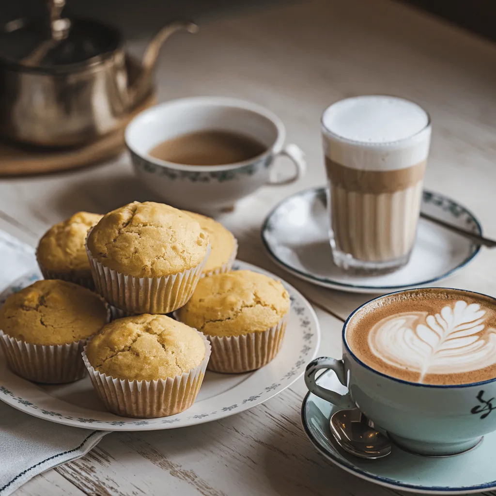 Lemon muffins with coffee and tea