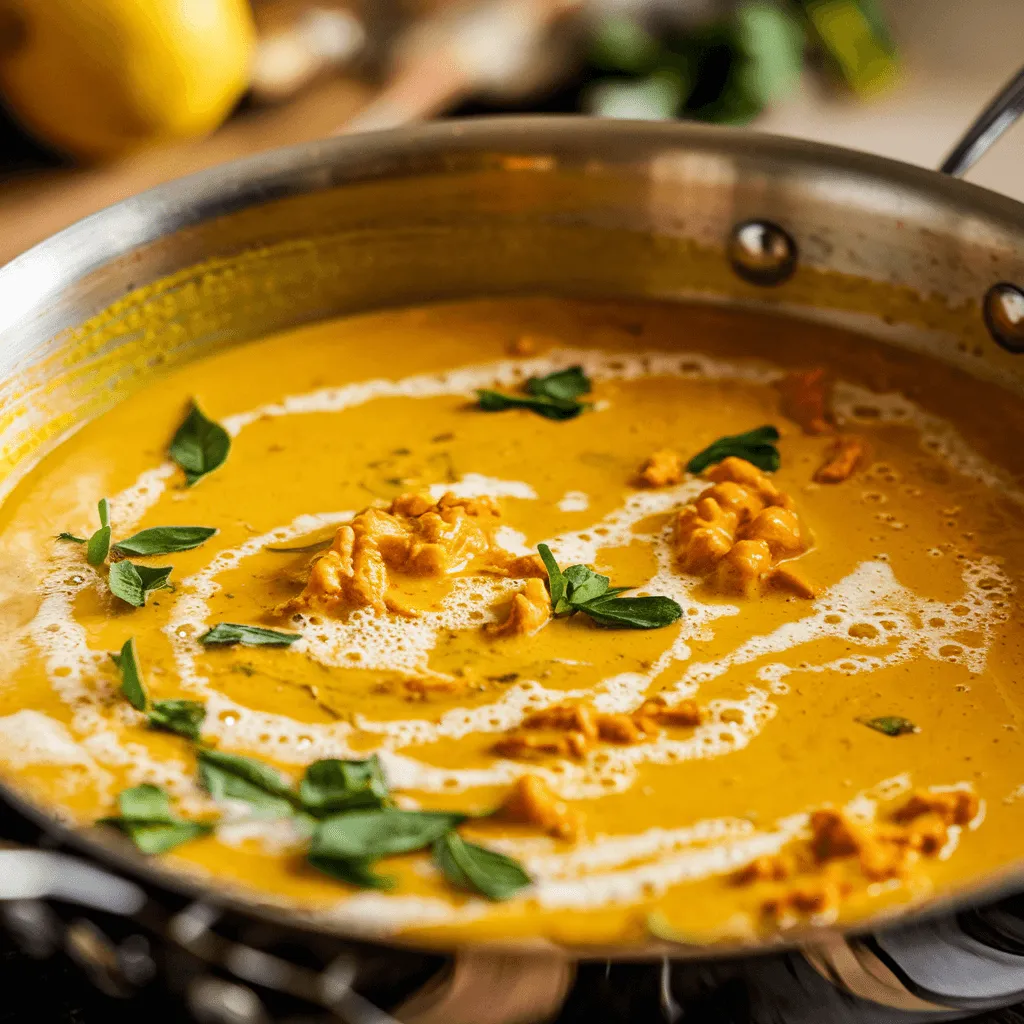 "A pan with simmering coconut curry sauce"