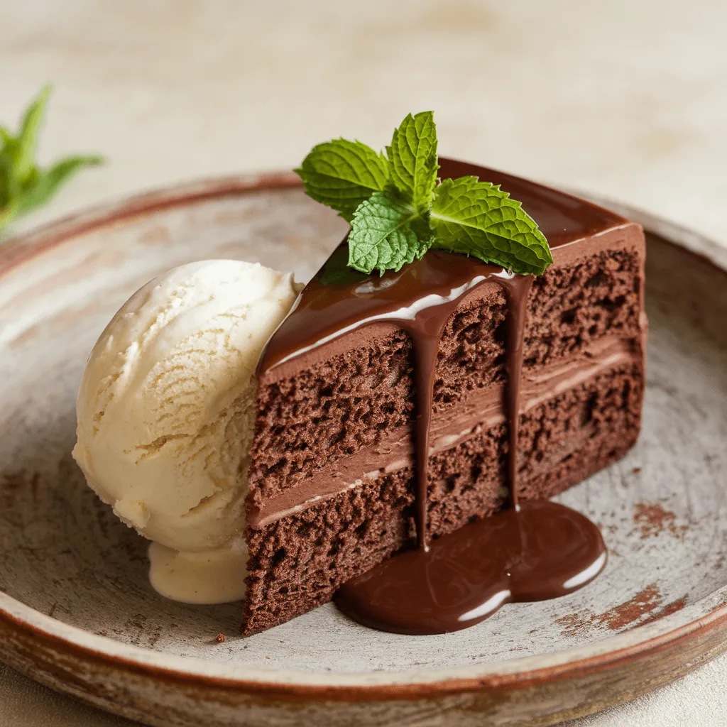 Chocolate cake slice with ice cream