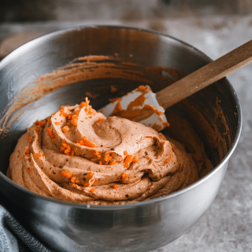 "Gluten free carrot cake batter in a mixing bowl"