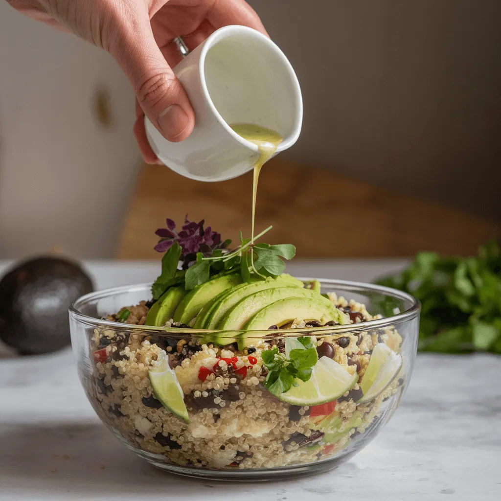 Tossing quinoa black bean and avocado salad with dressing