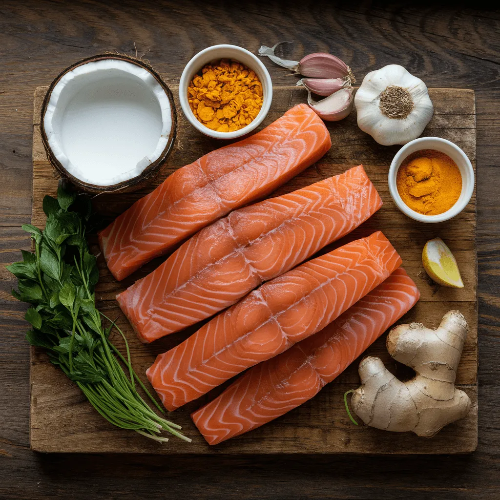 "Fresh salmon fillets with coconut milk and spices"