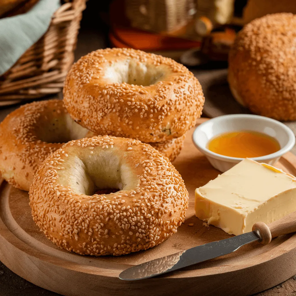 Sesame seed bagels on a wooden board with butter and honey