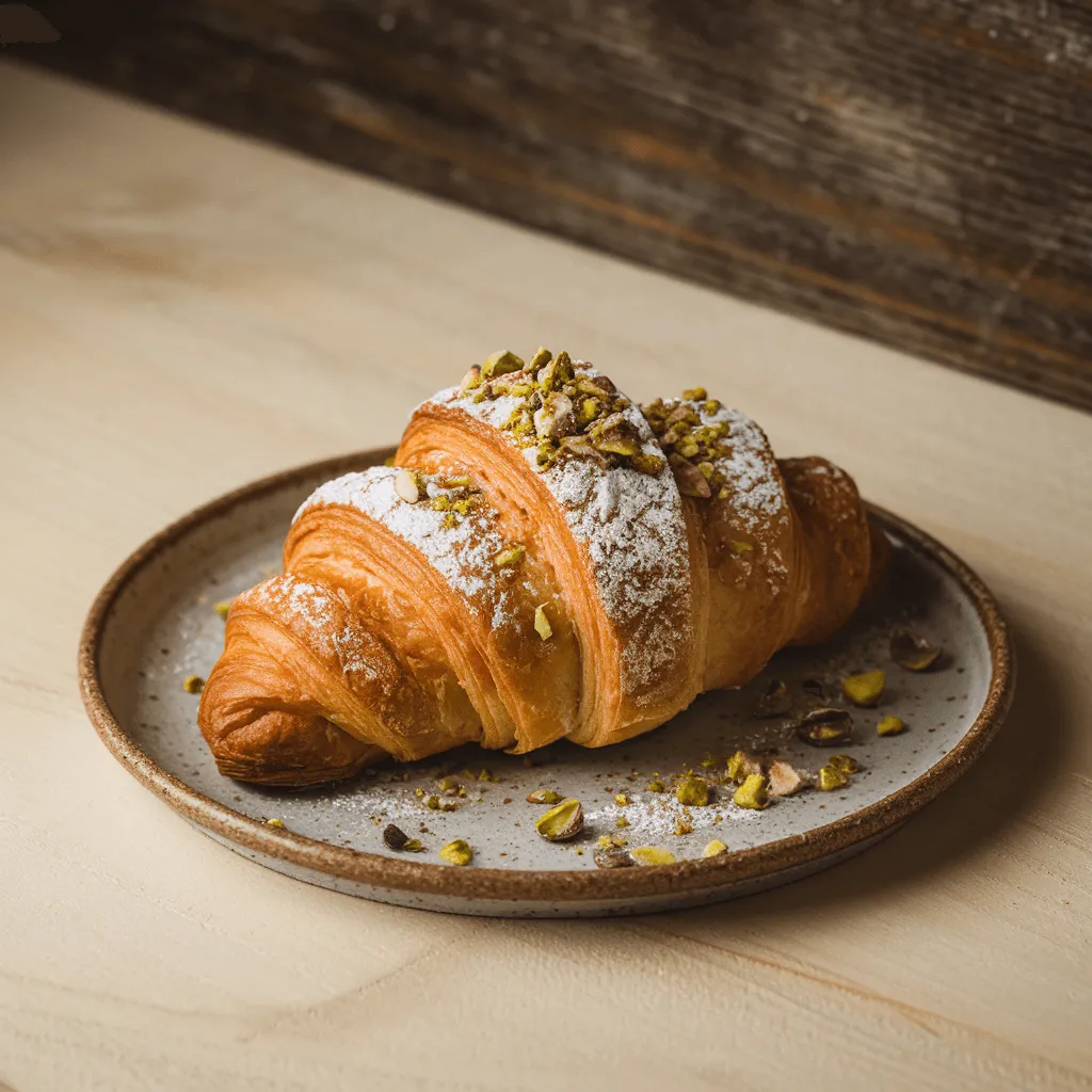 Pistachio croissant on rustic plate