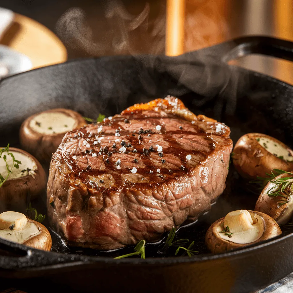 Steak with mushrooms on a cast-iron skillet