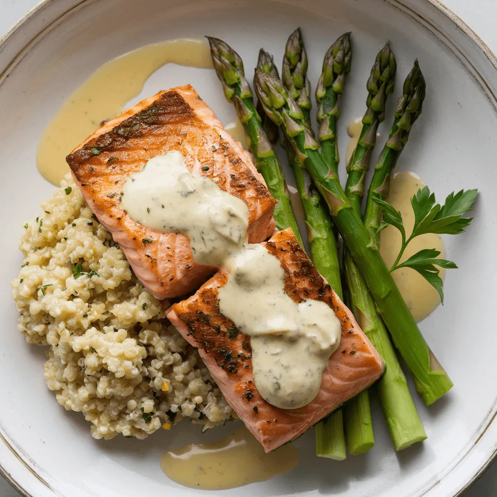 Final plated dish of crispy pan-seared salmon with lemon cream sauce