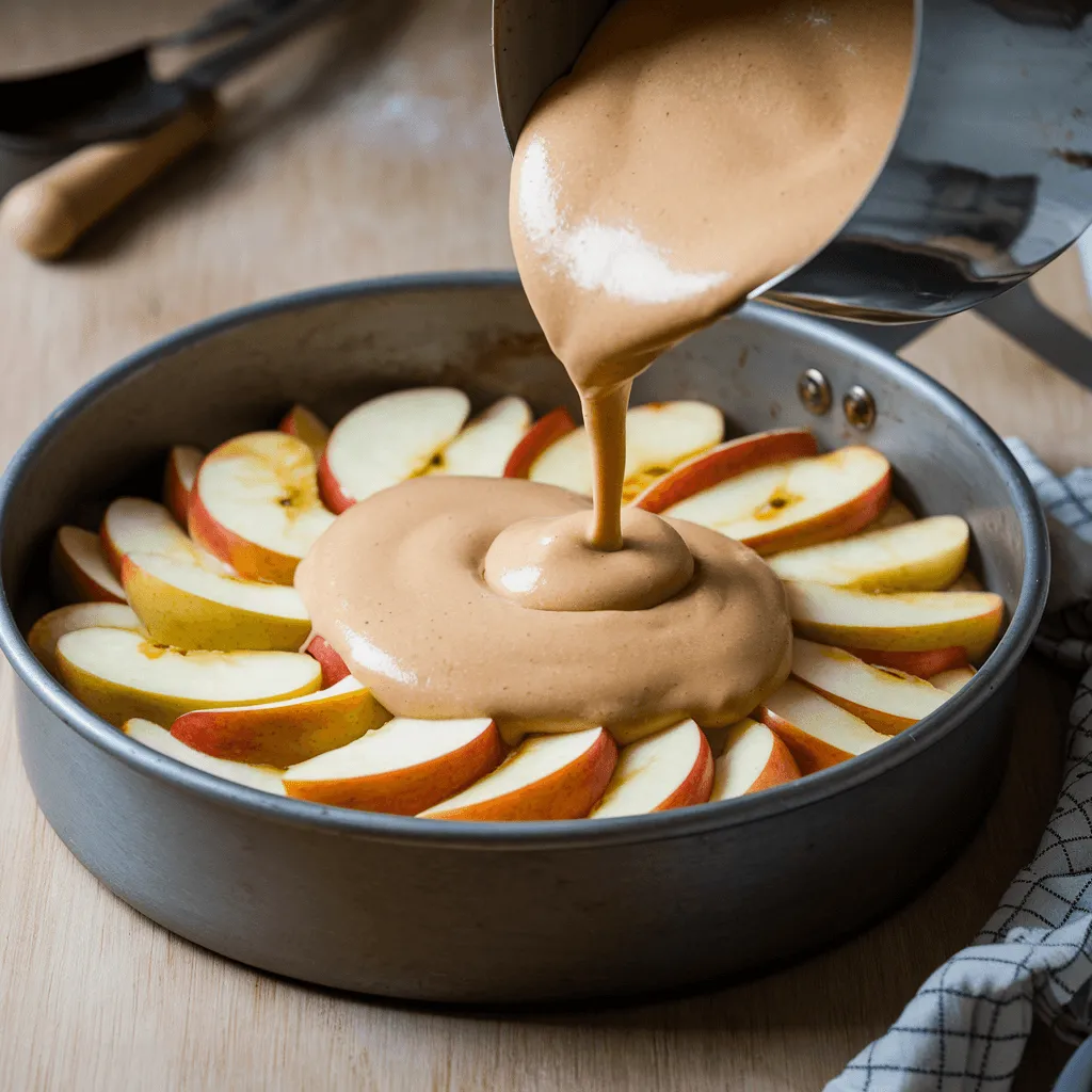 Cake batter being poured over caramelized apples in a baking pan