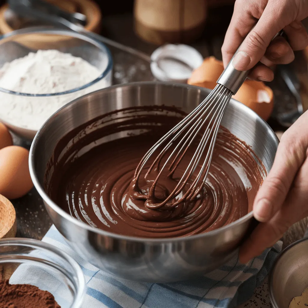 Chocolate cake batter being mixed