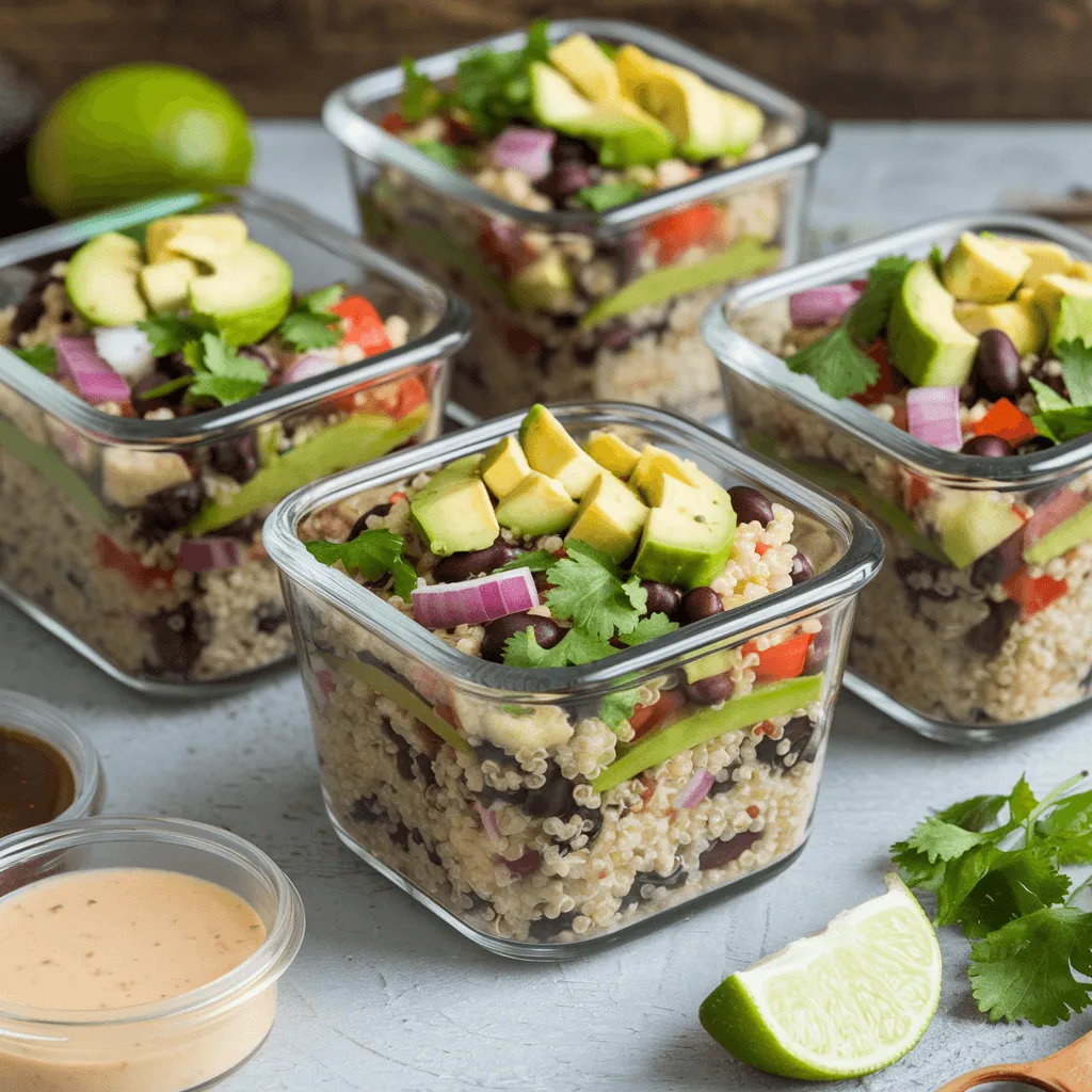 Meal-prepped quinoa black bean and avocado salad in containers