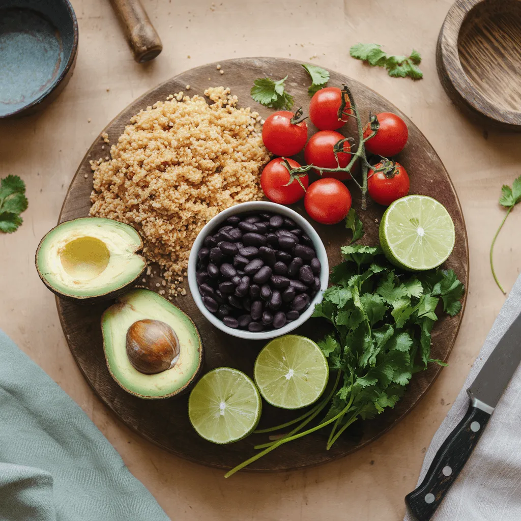 Fresh ingredients for quinoa black bean and avocado salad