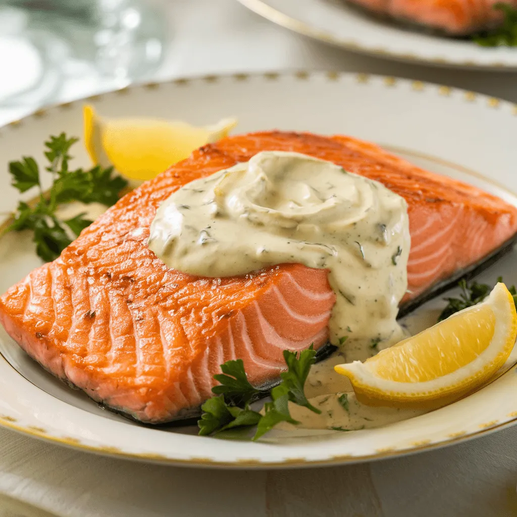 Crispy Pan-Seared Salmon with Lemon Cream Sauce on a plate