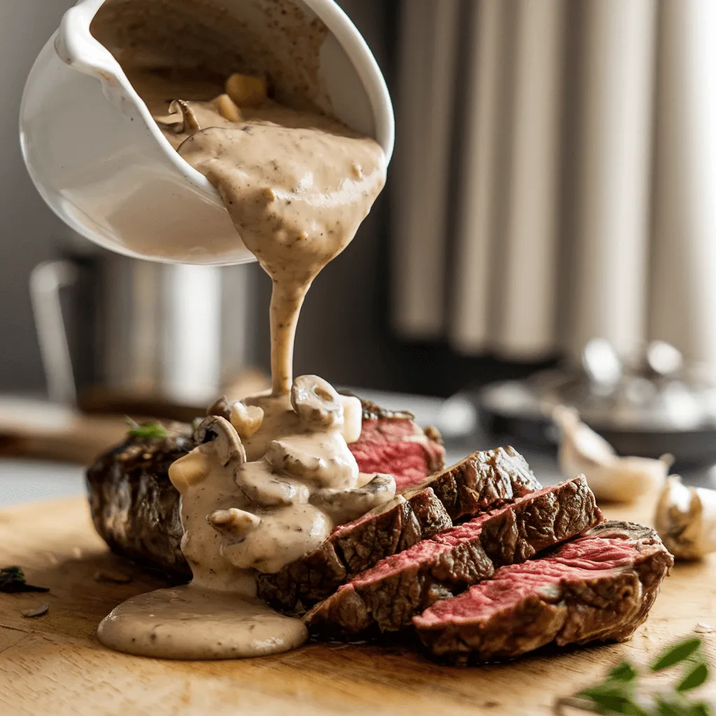 Mushroom sauce for steak drizzled over a cooked steak