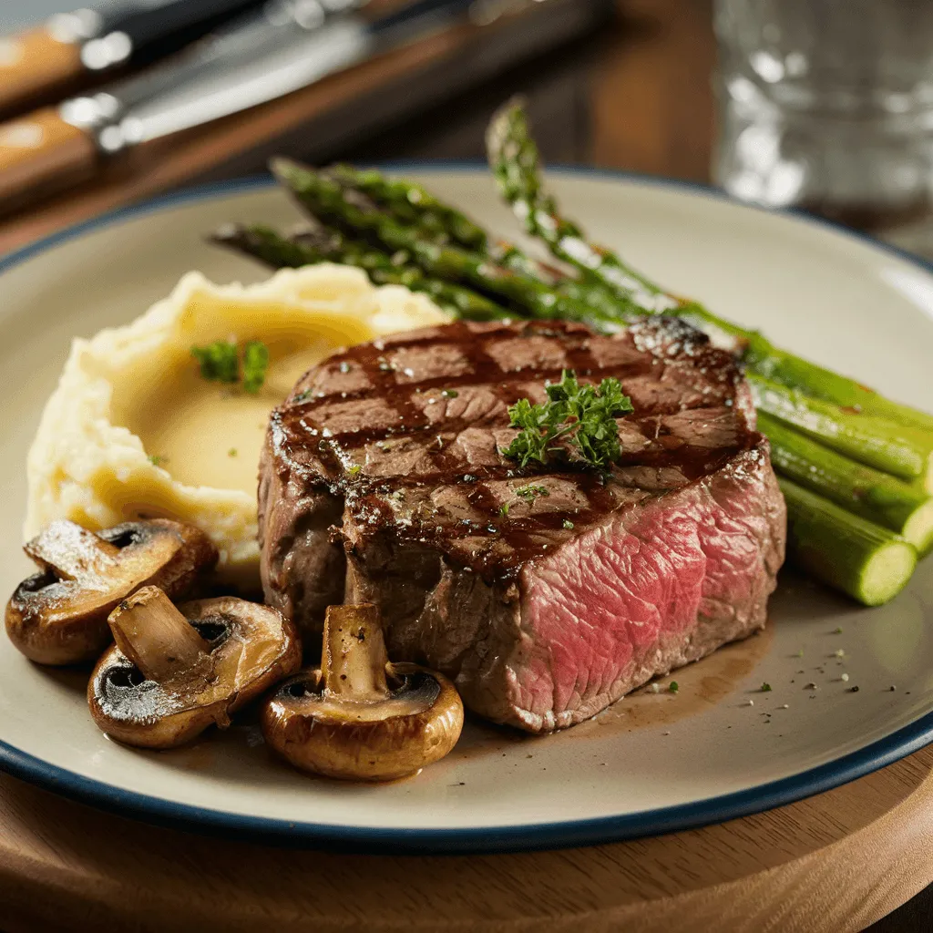 Steak with roasted vegetables and mashed potatoes