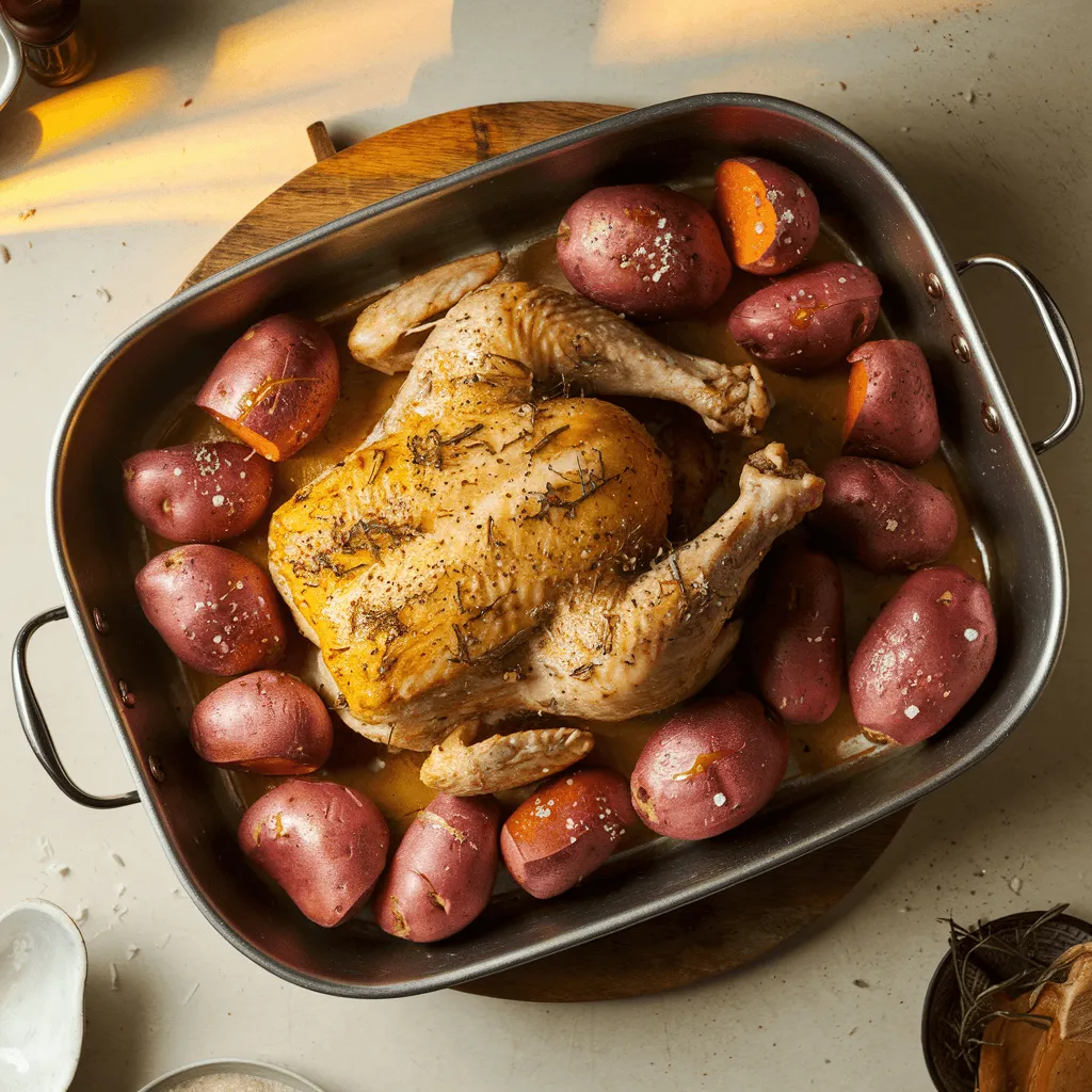 Roasting tray with chicken and sweet potatoes