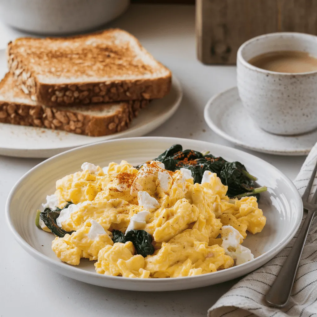 Scrambled eggs with cottage cheese and spinach