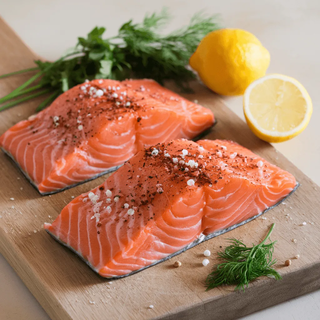 Fresh salmon fillets seasoned and ready for cooking