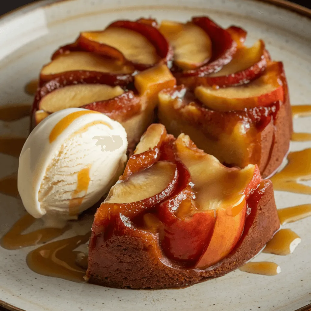 Slice of warm apple upside-down cake served with vanilla ice cream