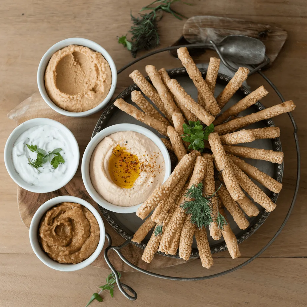 "Sesame sticks with dips and spreads"