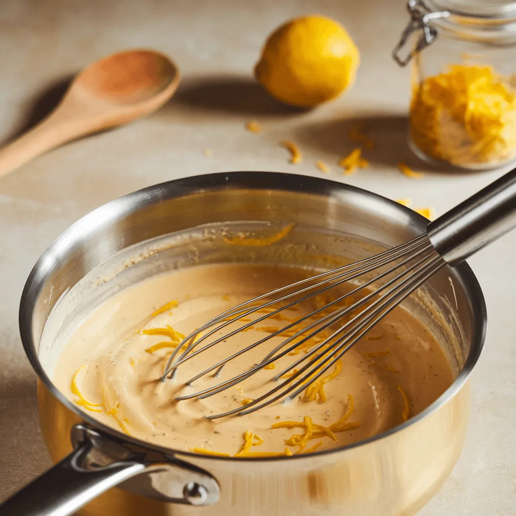 Velvety lemon cream sauce being stirred in a saucepan