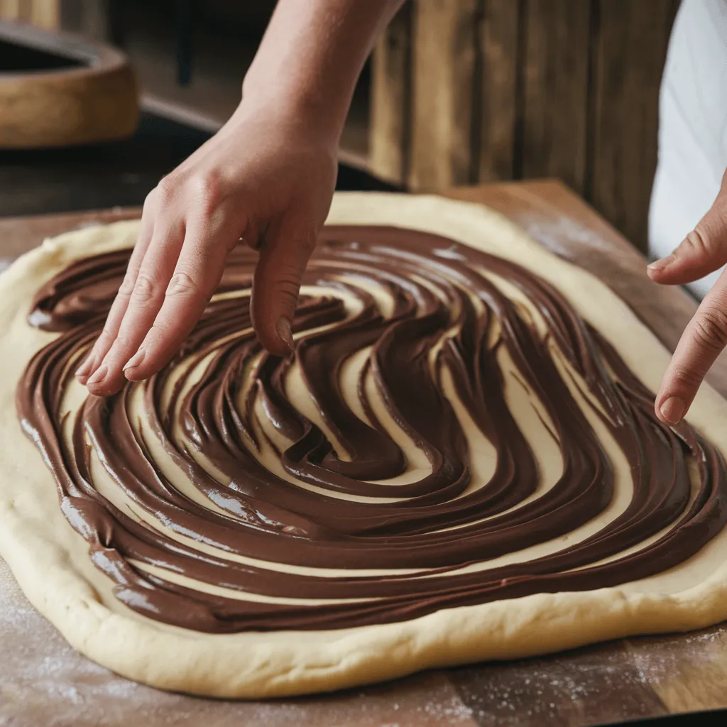 Chocolate-hazelnut filling being spread over rolled-out dough